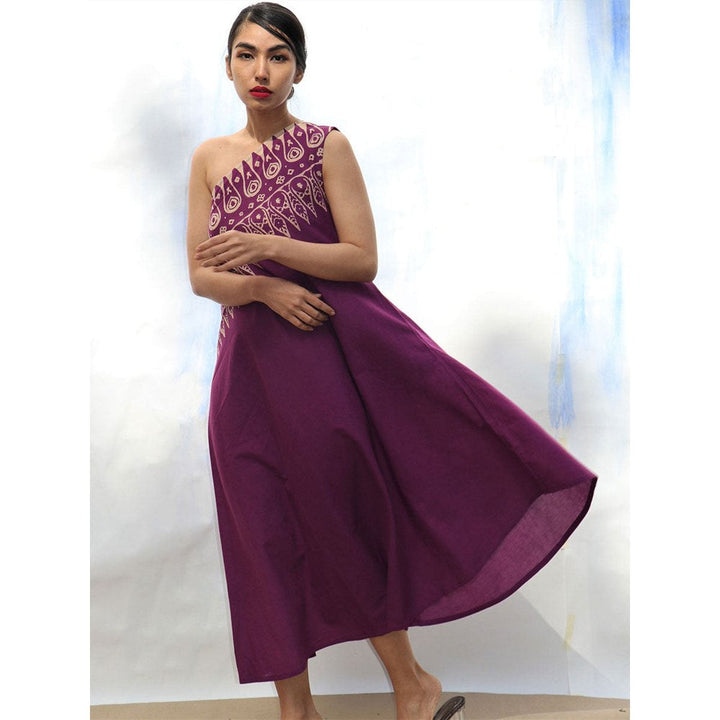 Chidiyaa SKD Purple Handprinted One Shoulder Pure Cotton Dress