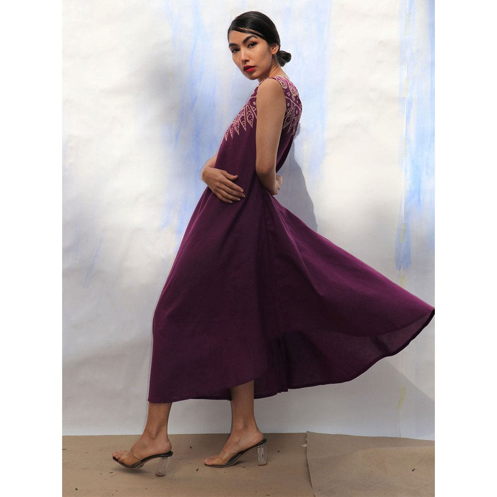 Chidiyaa SKD Purple Handprinted One Shoulder Pure Cotton Dress