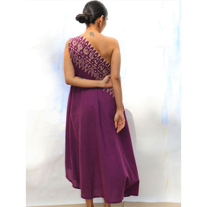 Chidiyaa SKD Purple Handprinted One Shoulder Pure Cotton Dress