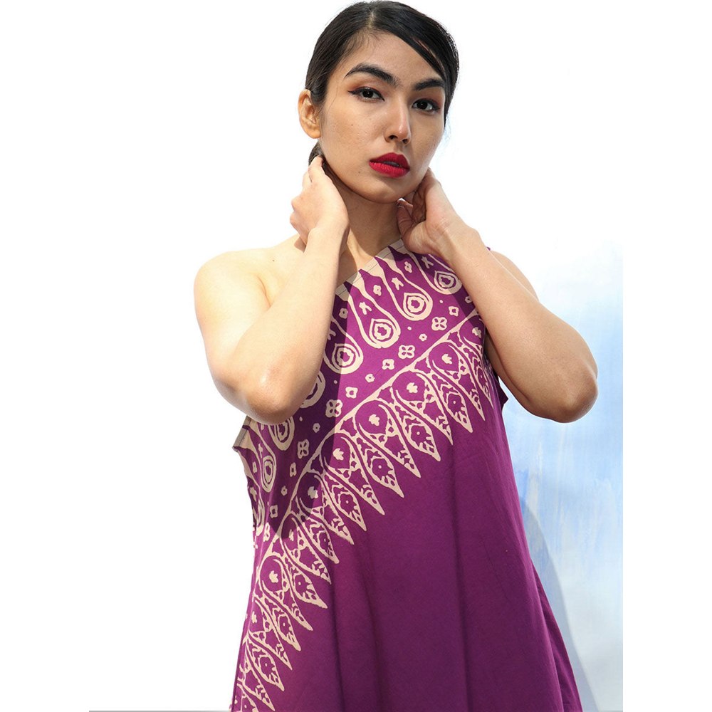 Chidiyaa SKD Purple Handprinted One Shoulder Pure Cotton Dress
