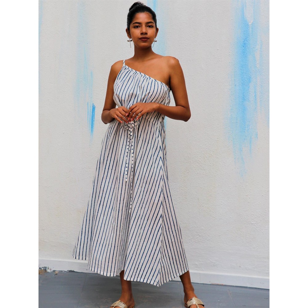 Chidiyaa Ivory Stripes One Shoulder Block Printed Cotton Dress- Wic