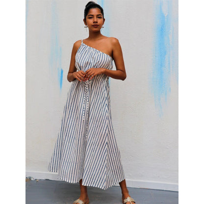 Chidiyaa Ivory Stripes One Shoulder Block Printed Cotton Dress- Wic