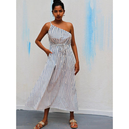 Chidiyaa Ivory Stripes One Shoulder Block Printed Cotton Dress- Wic