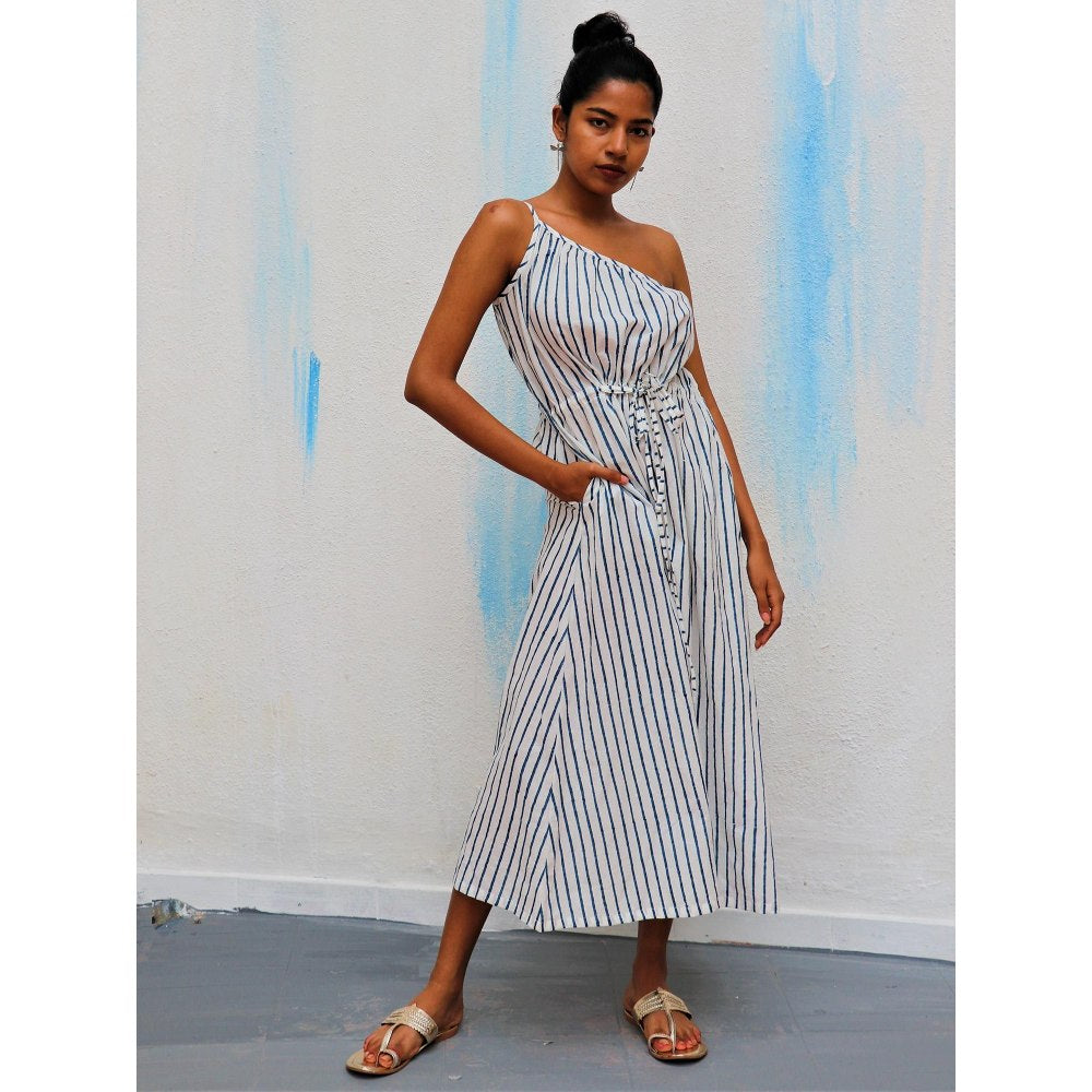 Chidiyaa Ivory Stripes One Shoulder Block Printed Cotton Dress- Wic