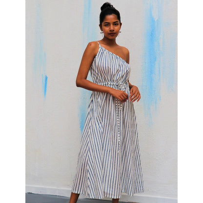Chidiyaa Ivory Stripes One Shoulder Block Printed Cotton Dress- Wic