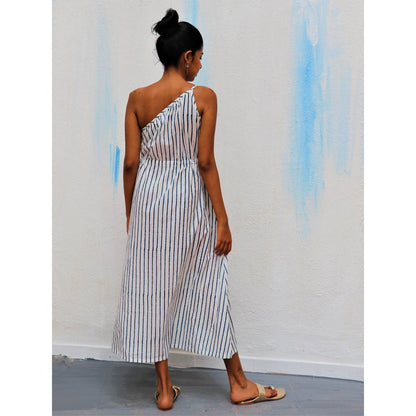 Chidiyaa Ivory Stripes One Shoulder Block Printed Cotton Dress- Wic