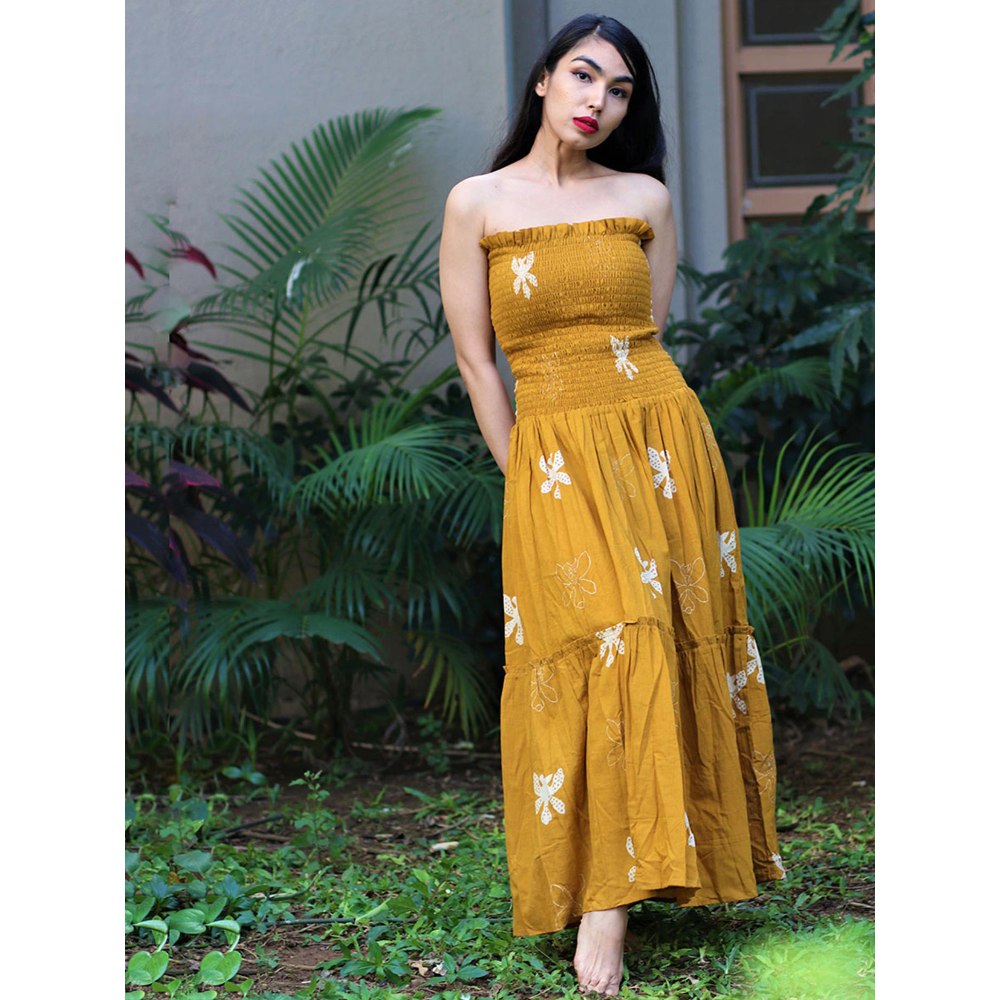 Chidiyaa Off Shoulder Mustard Block Printed Strapless Cotton Dress - Fursat