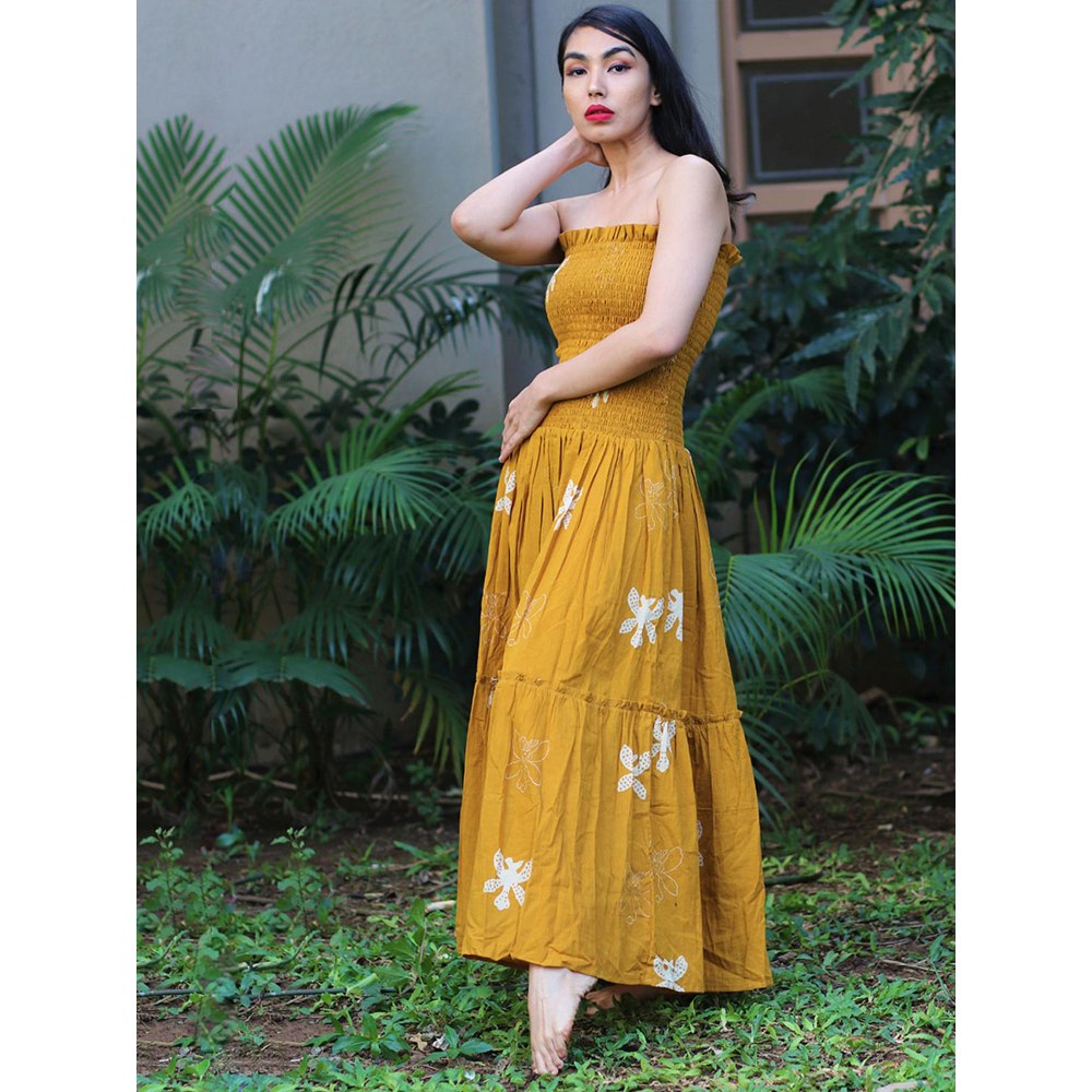 Chidiyaa Off Shoulder Mustard Block Printed Strapless Cotton Dress - Fursat