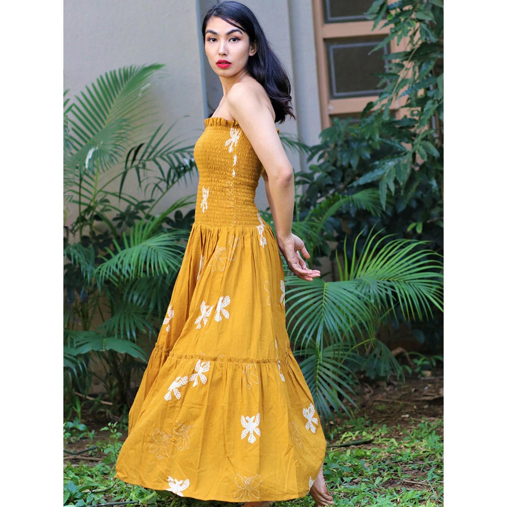 Chidiyaa Off Shoulder Mustard Block Printed Strapless Cotton Dress - Fursat