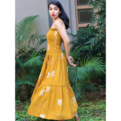 Chidiyaa Off Shoulder Mustard Block Printed Strapless Cotton Dress - Fursat