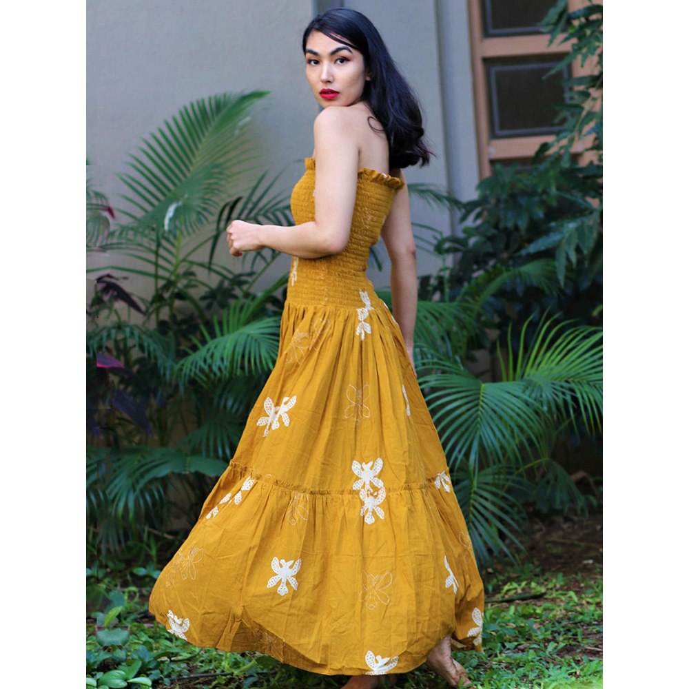 Chidiyaa Off Shoulder Mustard Block Printed Strapless Cotton Dress - Fursat