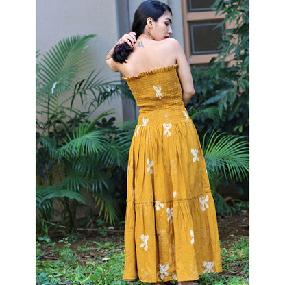 Chidiyaa Off Shoulder Mustard Block Printed Strapless Cotton Dress - Fursat