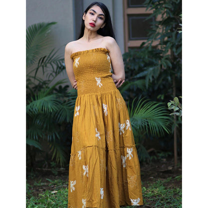 Chidiyaa Off Shoulder Mustard Block Printed Strapless Cotton Dress - Fursat