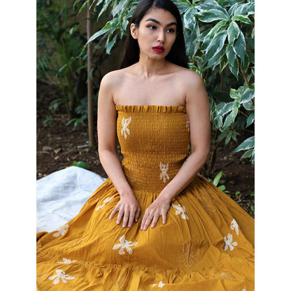 Chidiyaa Off Shoulder Mustard Block Printed Strapless Cotton Dress - Fursat