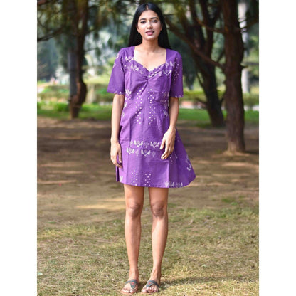 Chidiyaa Purple Pure Cotton Block Printed Dress - Nupur