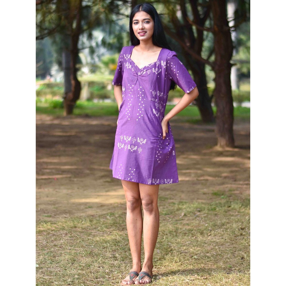Chidiyaa Purple Pure Cotton Block Printed Dress - Nupur
