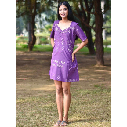 Chidiyaa Purple Pure Cotton Block Printed Dress - Nupur