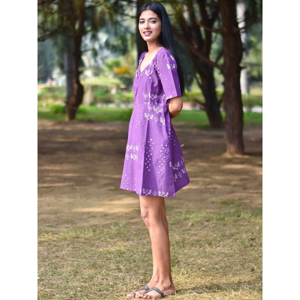 Chidiyaa Purple Pure Cotton Block Printed Dress - Nupur