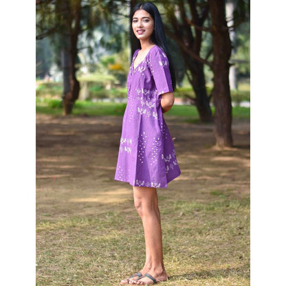 Chidiyaa Purple Pure Cotton Block Printed Dress - Nupur