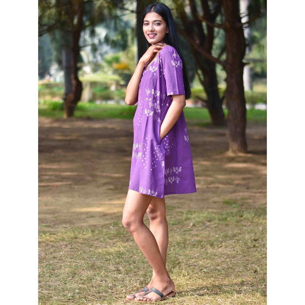 Chidiyaa Purple Pure Cotton Block Printed Dress - Nupur