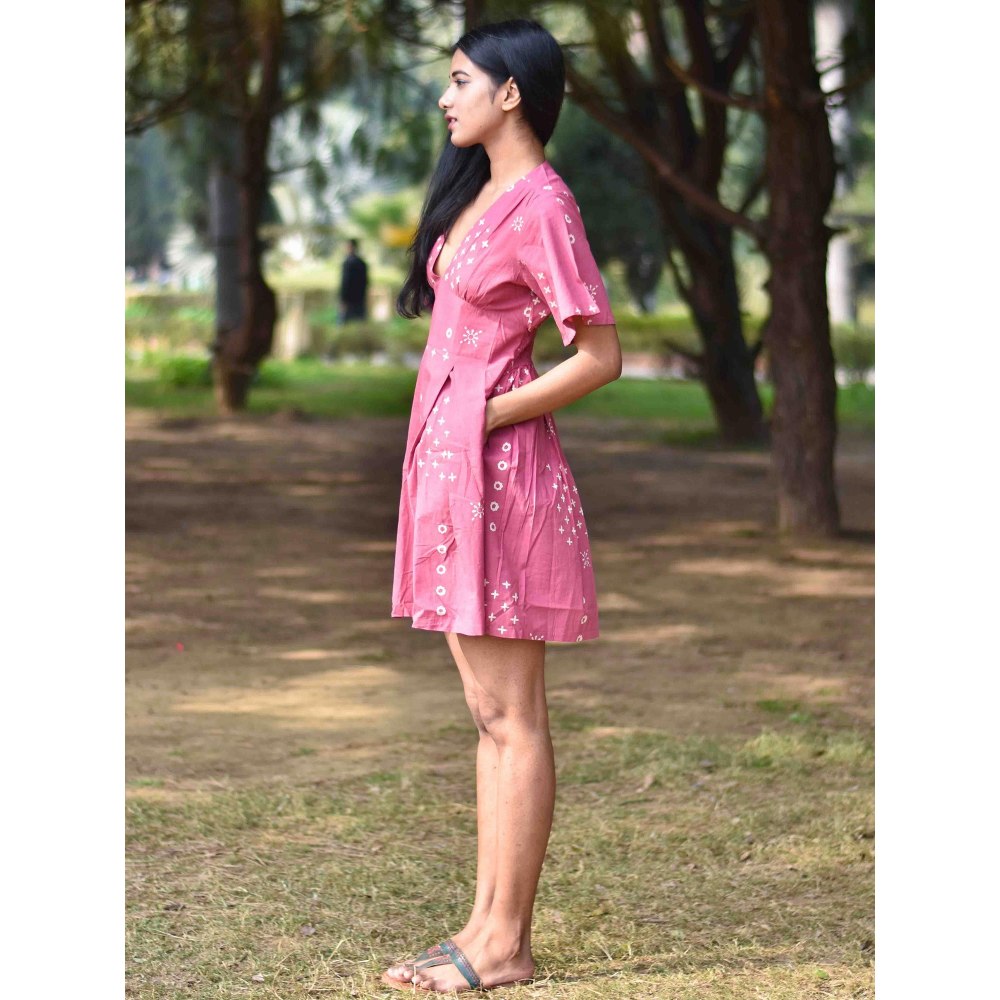 Chidiyaa Pink Pure Cotton Block Printed Dress - Nupur