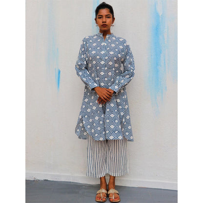 Chidiyaa Blue Diamond Block Printed Cotton Kurta - Wic (Set of 2)