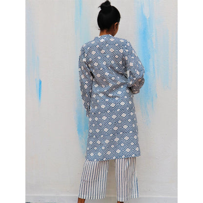 Chidiyaa Blue Diamond Block Printed Cotton Kurta - Wic (Set of 2)