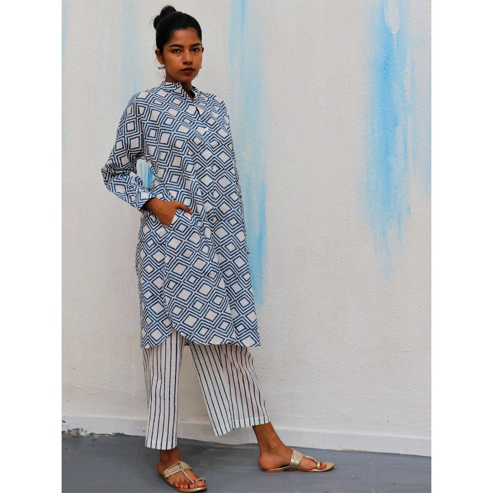 Chidiyaa Blue Diamond Block Printed Cotton Kurta - Wic (Set of 2)