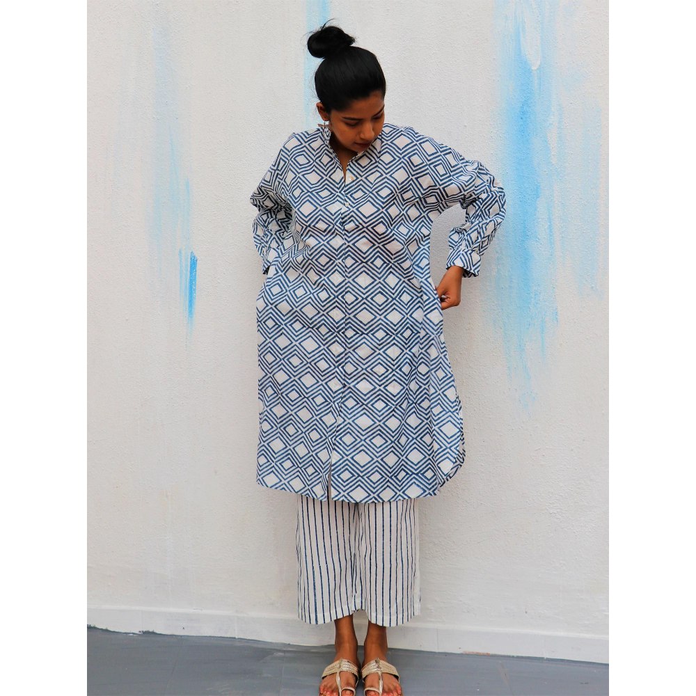 Chidiyaa Blue Diamond Block Printed Cotton Kurta - Wic (Set of 2)