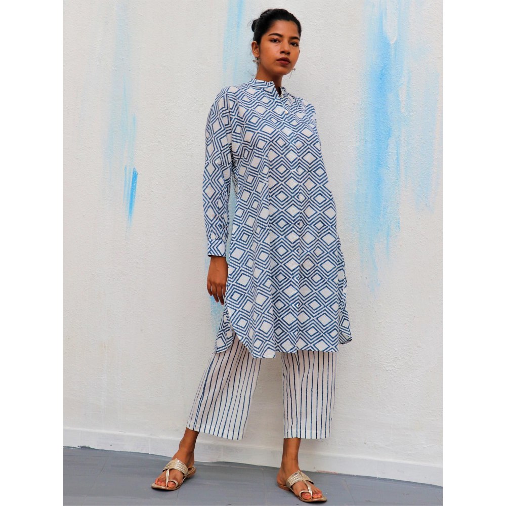 Chidiyaa Blue Diamond Block Printed Cotton Kurta - Wic (Set of 2)