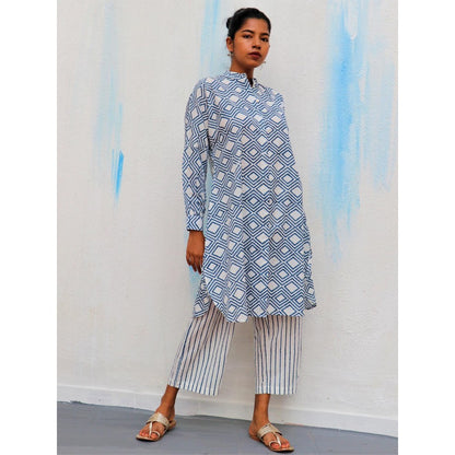 Chidiyaa Blue Diamond Block Printed Cotton Kurta - Wic (Set of 2)