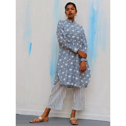 Chidiyaa Blue Diamond Block Printed Cotton Kurta - Wic (Set of 2)