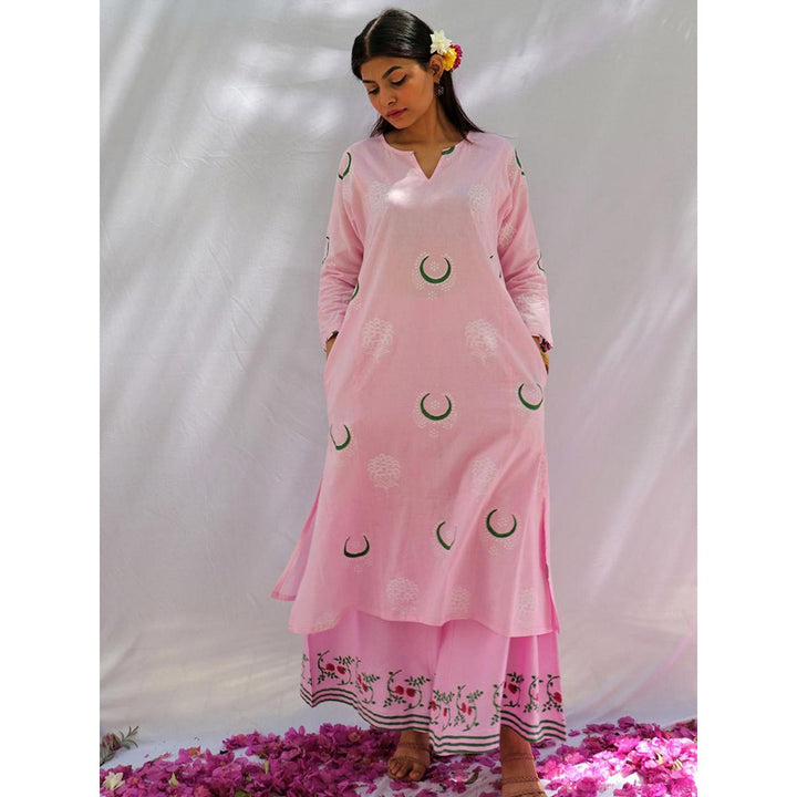 Chidiyaa Bloom Pink Chand Block Printed Cotton Kurta - Fos (Set of 2)