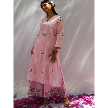 Chidiyaa Bloom Pink Chand Block Printed Cotton Kurta - Fos (Set of 2)