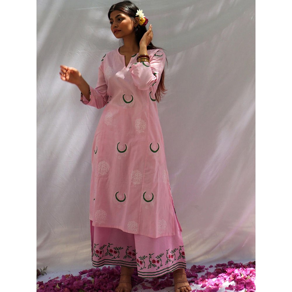Chidiyaa Bloom Pink Chand Block Printed Cotton Kurta - Fos (Set of 2)