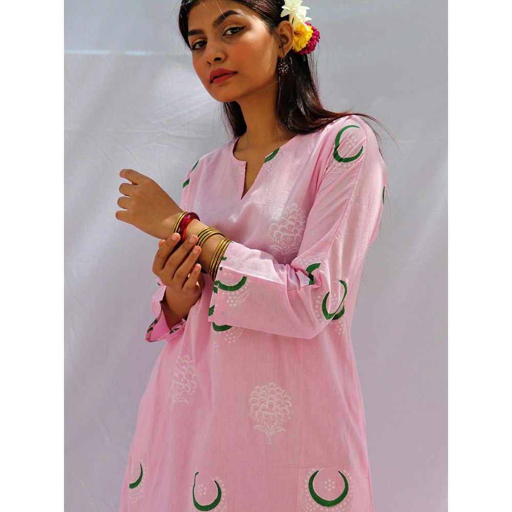 Chidiyaa Bloom Pink Chand Block Printed Cotton Kurta - Fos (Set of 2)