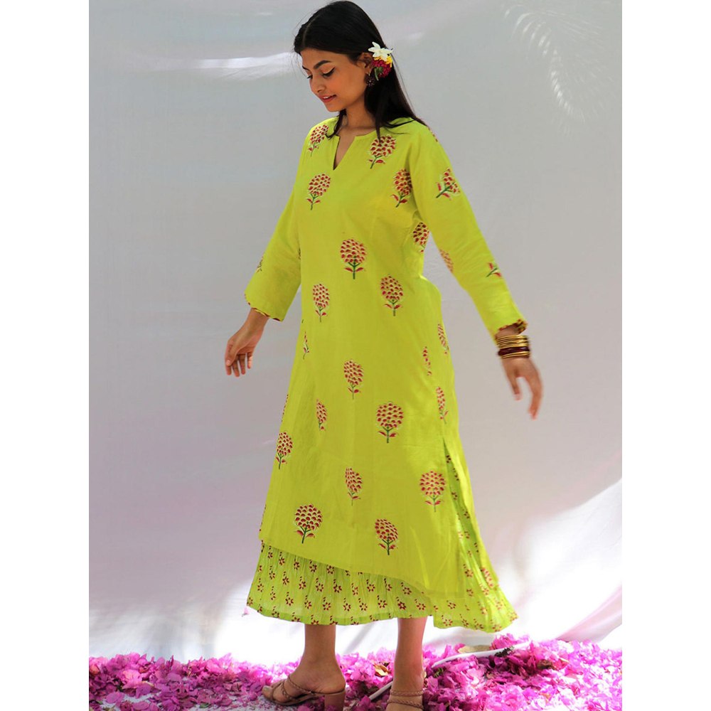 Chidiyaa Bud Green Block Printed Cotton Kurta Skirt - Fos (Set of 2)