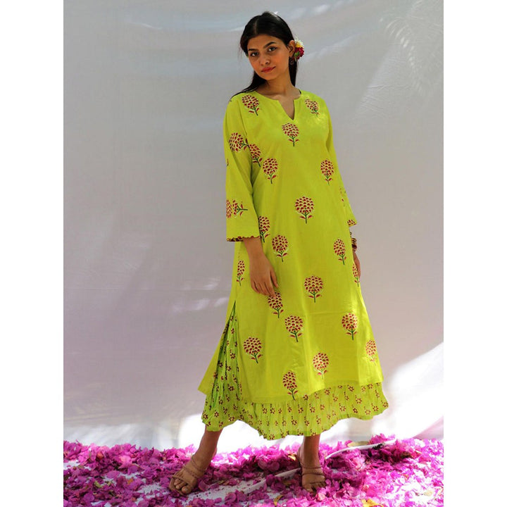 Chidiyaa Bud Green Block Printed Cotton Kurta Skirt - Fos (Set of 2)
