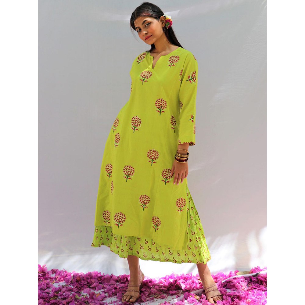 Chidiyaa Bud Green Block Printed Cotton Kurta Skirt - Fos (Set of 2)