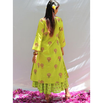 Chidiyaa Bud Green Block Printed Cotton Kurta Skirt - Fos (Set of 2)