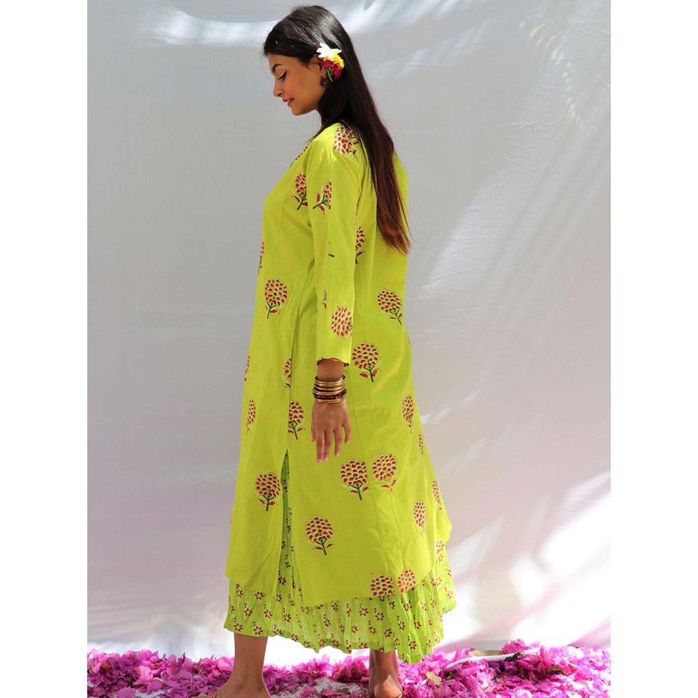 Chidiyaa Bud Green Block Printed Cotton Kurta Skirt - Fos (Set of 2)