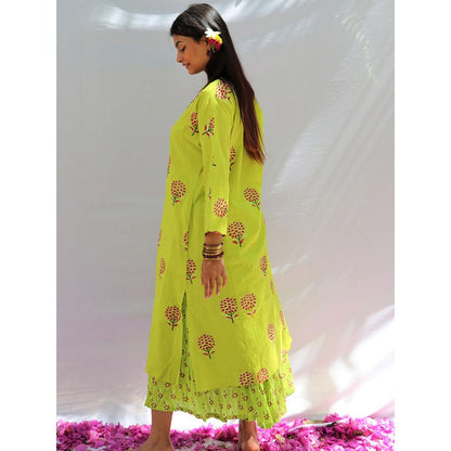 Chidiyaa Bud Green Block Printed Cotton Kurta Skirt - Fos (Set of 2)
