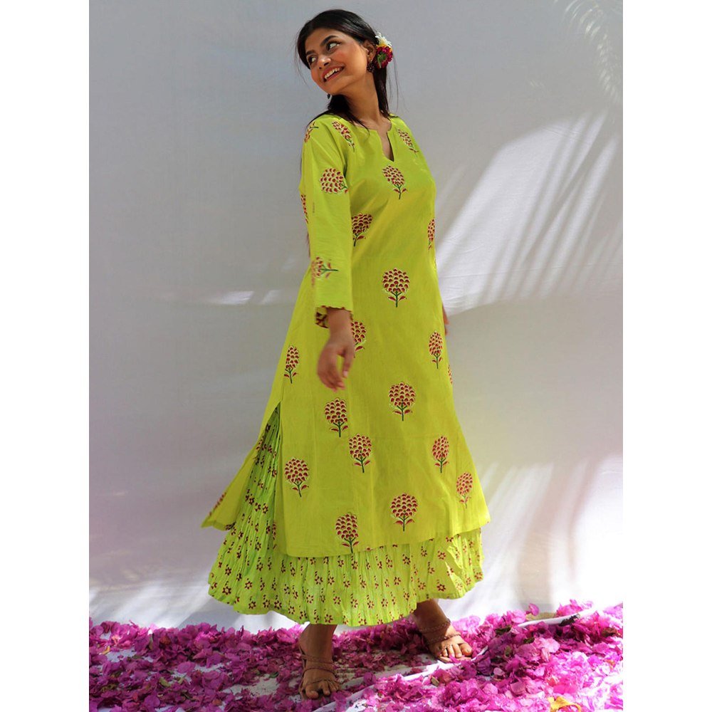 Chidiyaa Bud Green Block Printed Cotton Kurta Skirt - Fos (Set of 2)