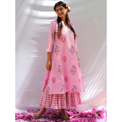 Chidiyaa Blossom Pink Block Printed Cotton Kurta with Sharara - Fos (Set of 2)