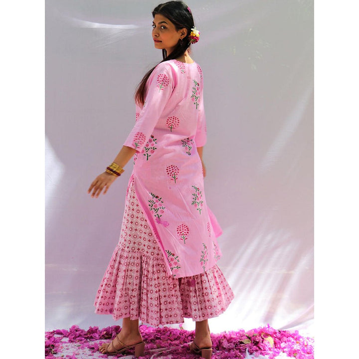 Chidiyaa Blossom Pink Block Printed Cotton Kurta with Sharara - Fos (Set of 2)