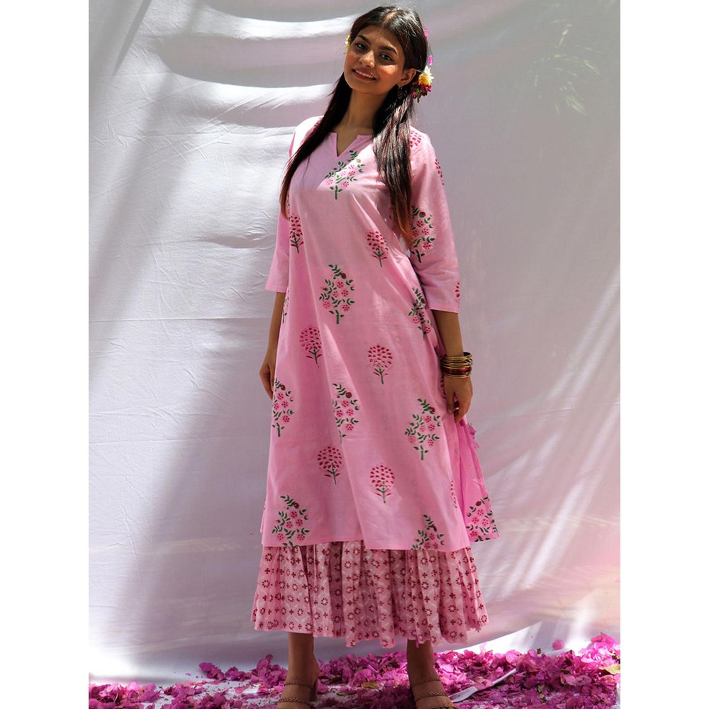Chidiyaa Blossom Pink Block Printed Cotton Kurta with Sharara - Fos (Set of 2)