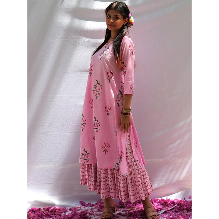 Chidiyaa Blossom Pink Block Printed Cotton Kurta with Sharara - Fos (Set of 2)