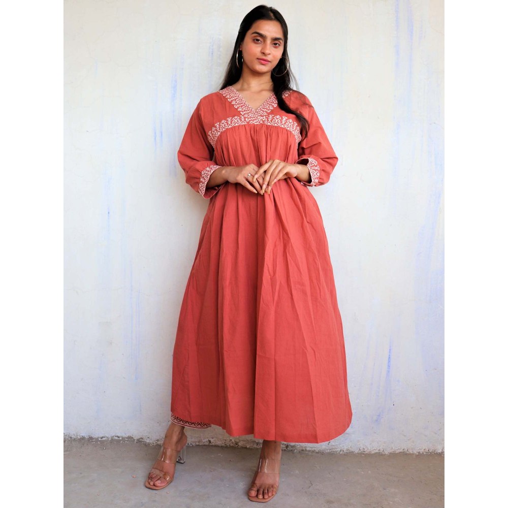 Chidiyaa Rust Printed Cotton Kurta (Set of 2)
