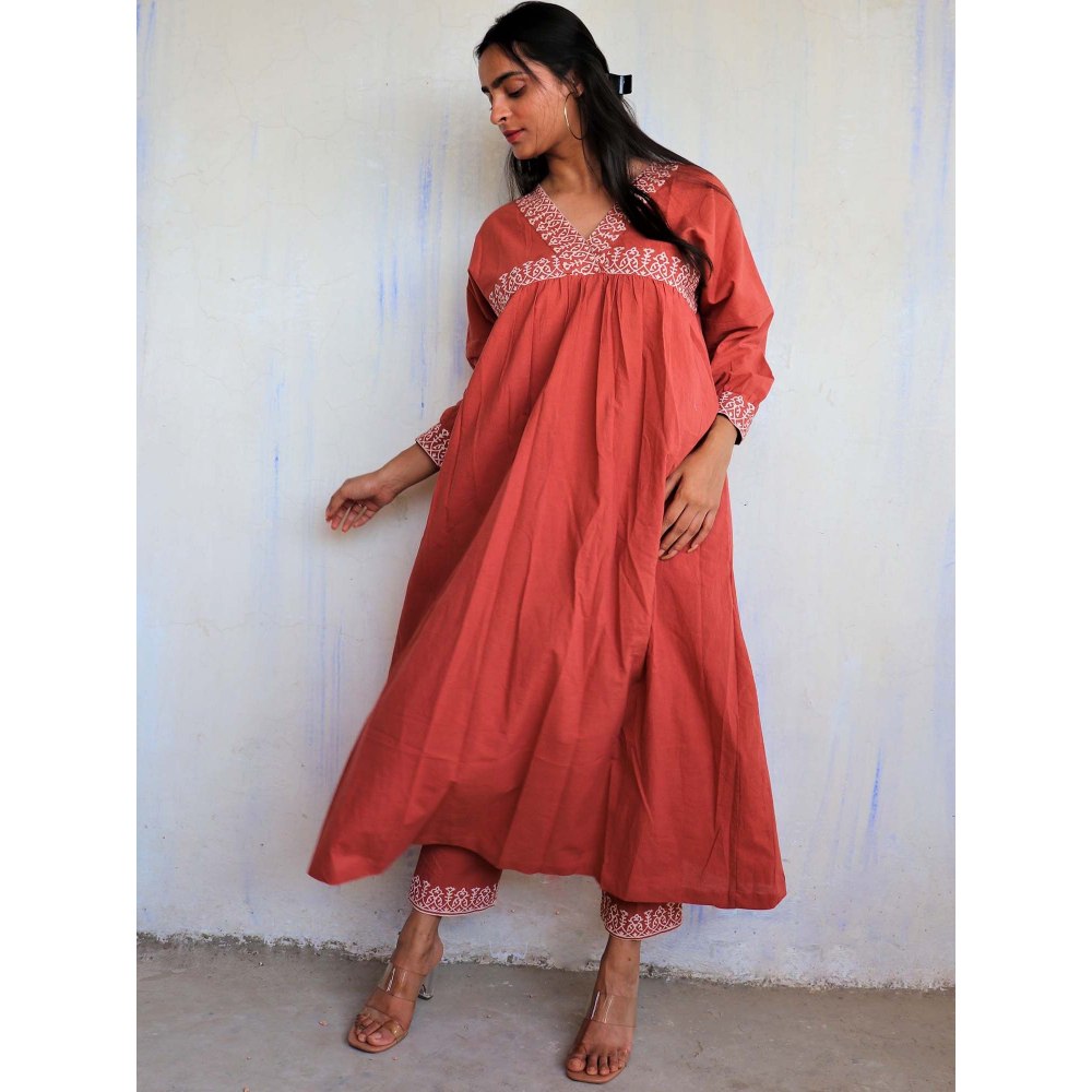 Chidiyaa Rust Printed Cotton Kurta (Set of 2)