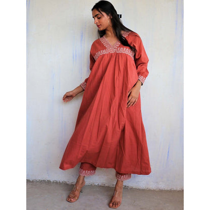 Chidiyaa Rust Printed Cotton Kurta (Set of 2)